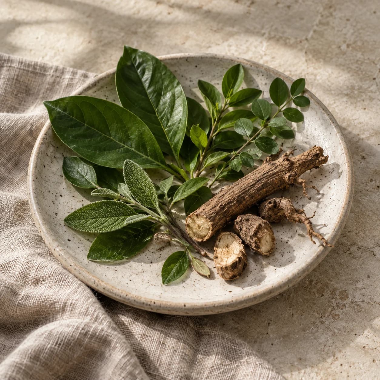 Green leaves and woody roots arranged on a ceramic dish