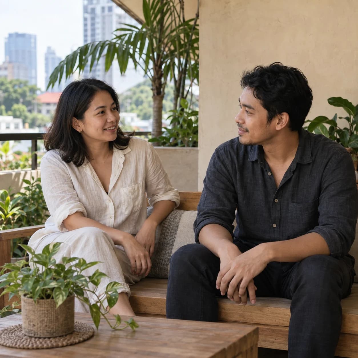 Two adults sharing a quiet conversation on a shaded terrace