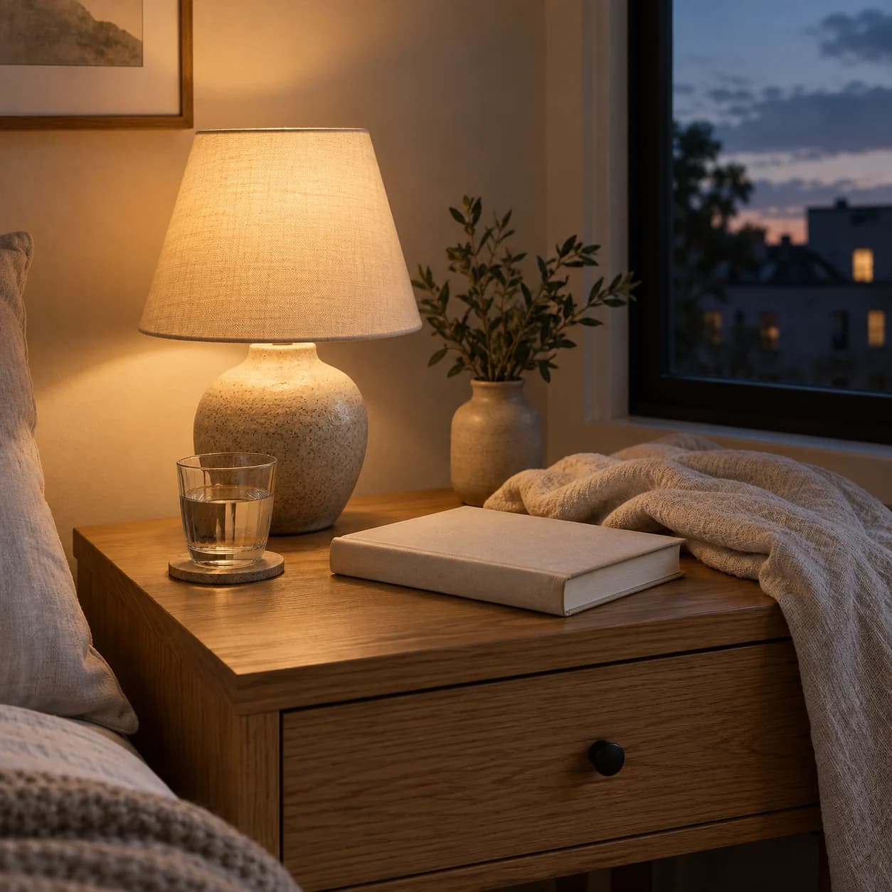 A book and glass of water beside a softly lit bedside lamp at dusk