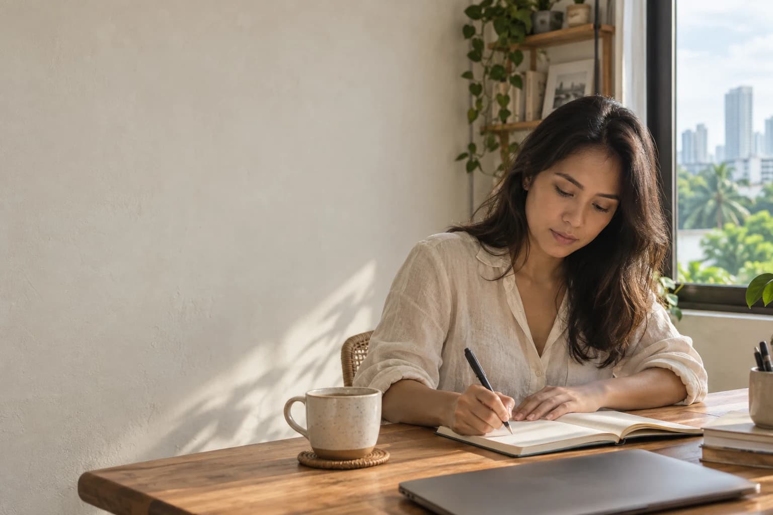 A woman writing in a notebook beside a sunlit window