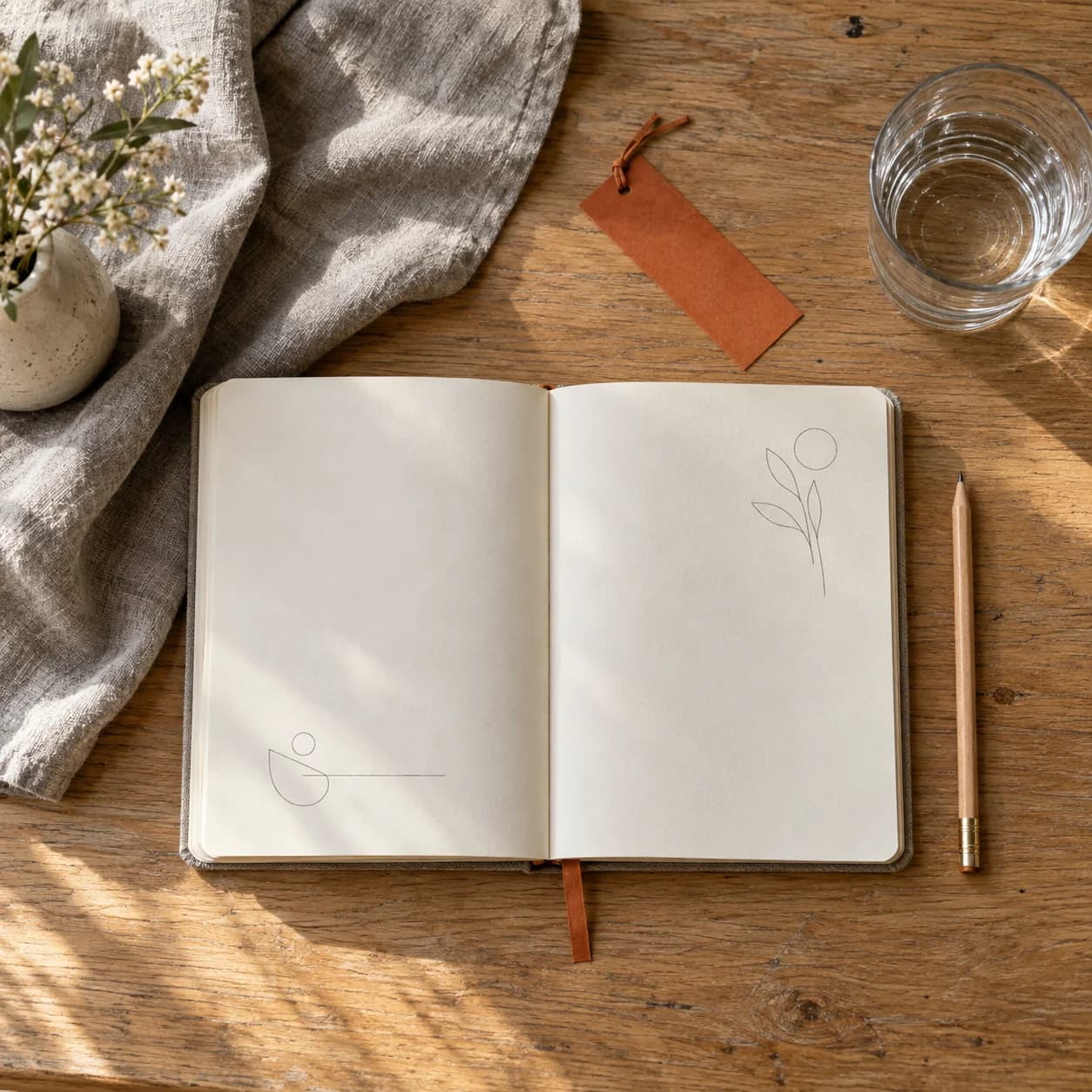 An open notebook, pencil and glass of water on a wooden table