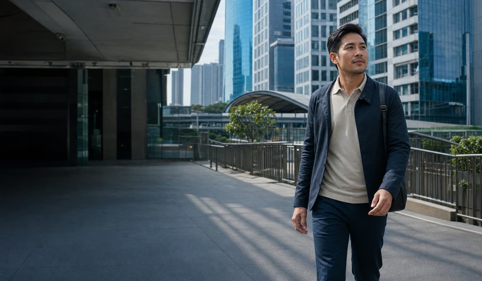 A professional moving through an active city routine